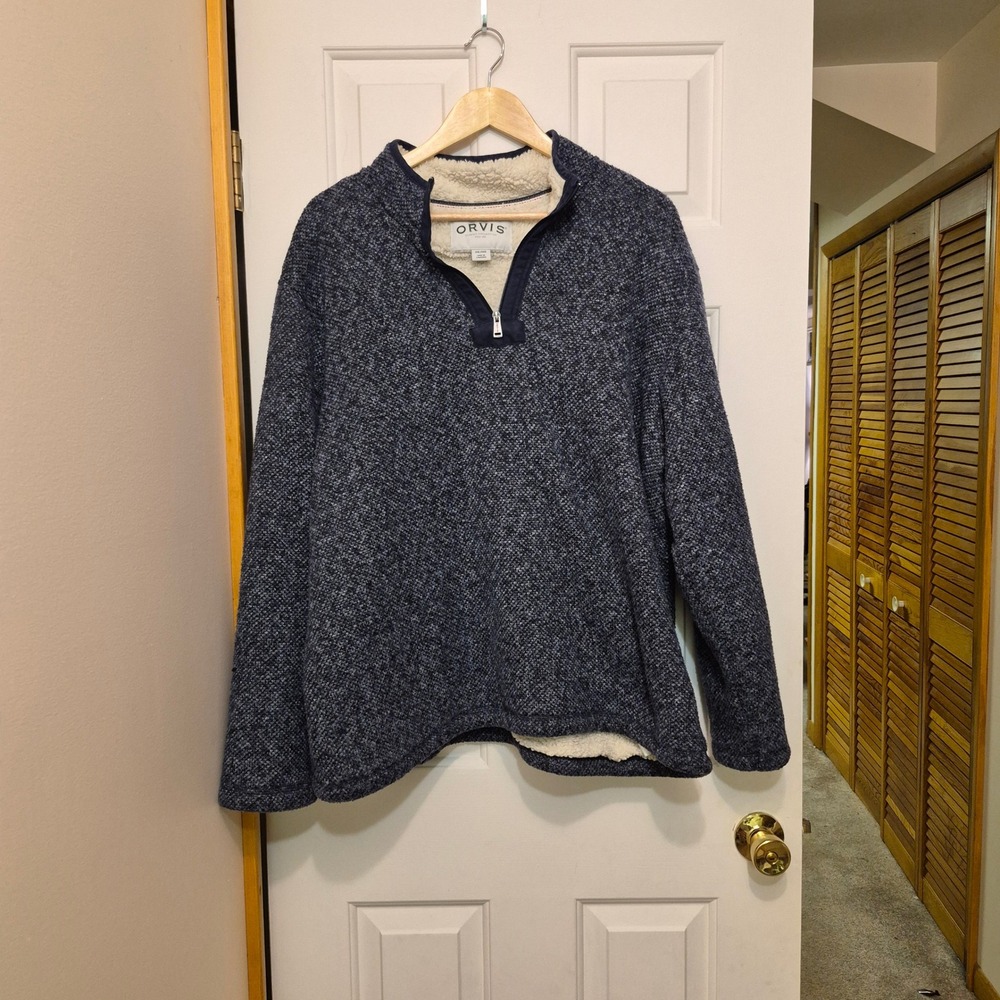Orvis Mens XXL Navy Blue Marled Sherpa Lined Quarter Zip Pullover Sweater Fleece